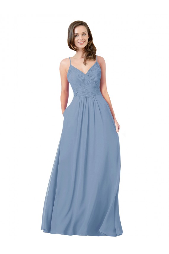 V-Neck Long Chiffon Dusty Blue Sleeveless Bridesmaid Dress / Evening Dress Victoria