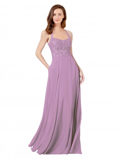 Spaghetti Straps Long Soft Chiffon & Lace Dark Lavender Sleeveless Bridesmaid Dress Victoria