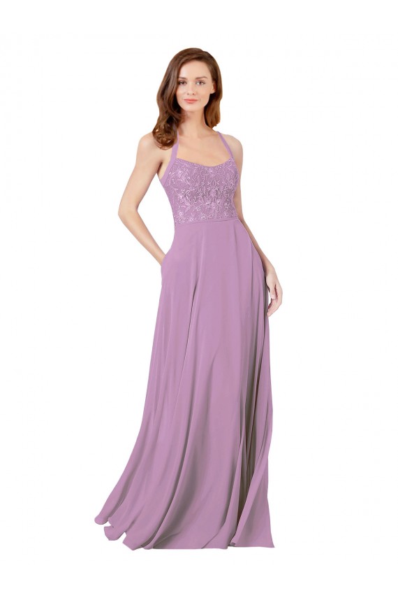 Spaghetti Straps Long Soft Chiffon & Lace Dark Lavender Sleeveless Bridesmaid Dress Victoria