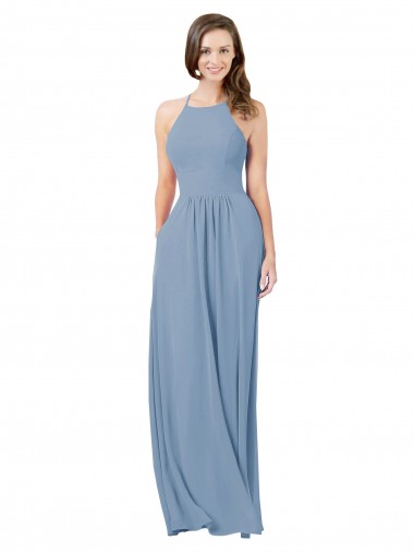 Halter Neck Long Chiffon Dusty Blue Sleeveless Bridesmaid Gowns Victoria
