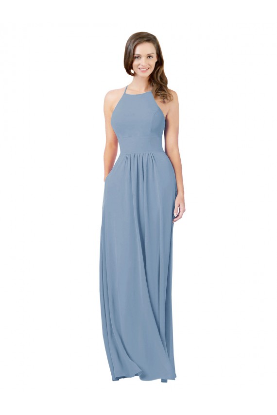 Halter Neck Long Chiffon Dusty Blue Sleeveless Bridesmaid Gowns Victoria