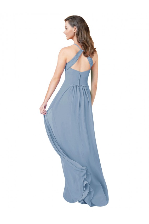 Halter Neck Long Chiffon Dusty Blue Sleeveless Bridesmaid Gowns Victoria