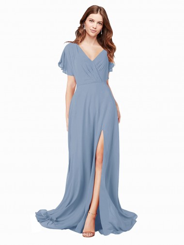 V-Neck Long Soft Chiffon Dusty Blue Cap Sleeves Black Tie Prom Dress / Bridesmaid Dress Victoria