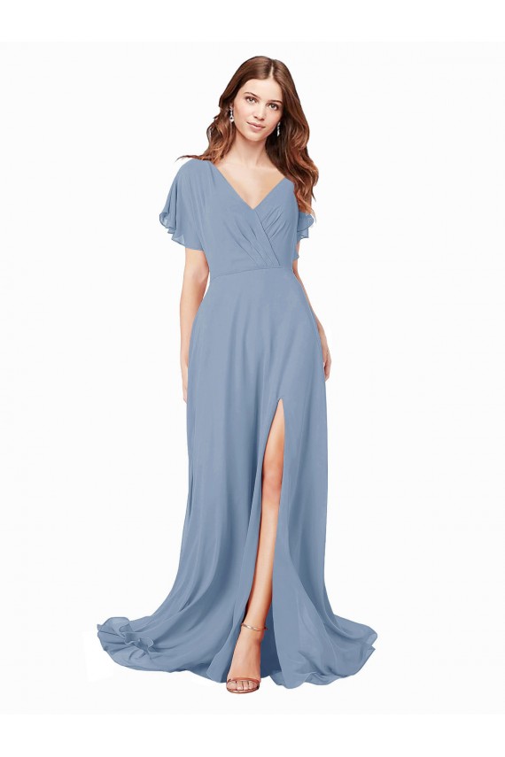 V-Neck Long Soft Chiffon Dusty Blue Cap Sleeves Black Tie Prom Dress / Bridesmaid Dress Victoria
