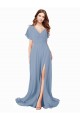V-Neck Long Soft Chiffon Dusty Blue Cap Sleeves Black Tie Prom Dress / Bridesmaid Dress Victoria