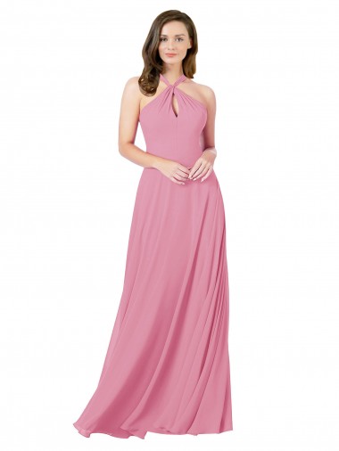 Halter Neck Long Soft Chiffon Skin Pink Sleeveless Prom Dress / Bridesmaid Dress Victoria