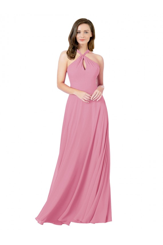 Halter Neck Long Soft Chiffon Skin Pink Sleeveless Prom Dress / Bridesmaid Dress Victoria