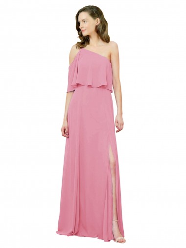 One Shoulder Long Soft Chiffon Skin Pink Sleeveless Bridal Party Dress Victoria