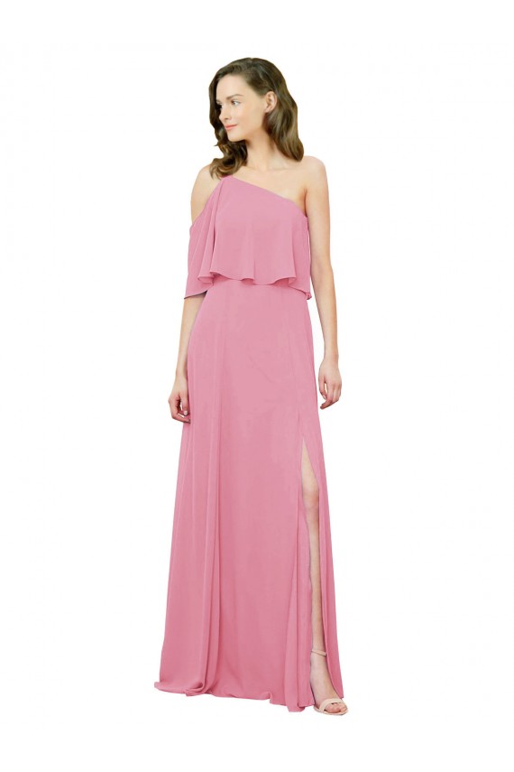 One Shoulder Long Soft Chiffon Skin Pink Sleeveless Bridal Party Dress Victoria