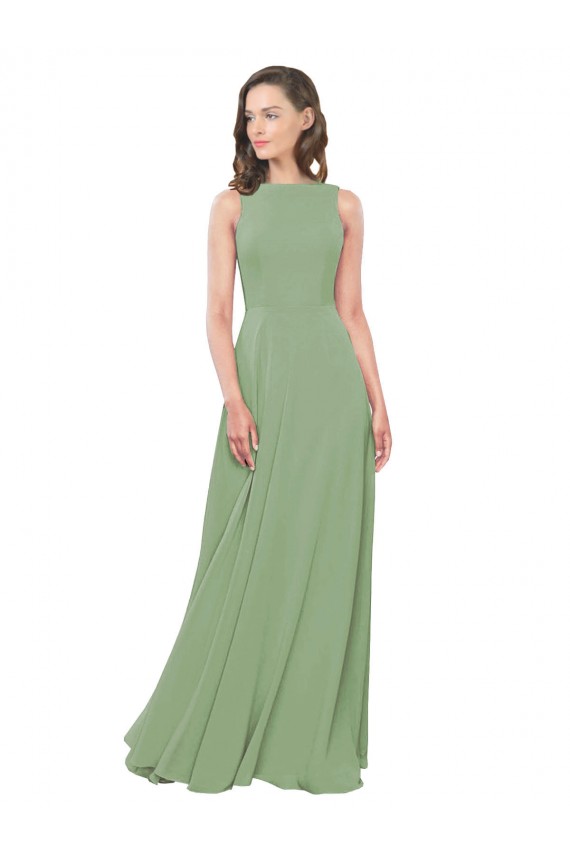High Neck Long Soft Chiffon Seagrass Sleeveless Bridesmaid Dress Victoria