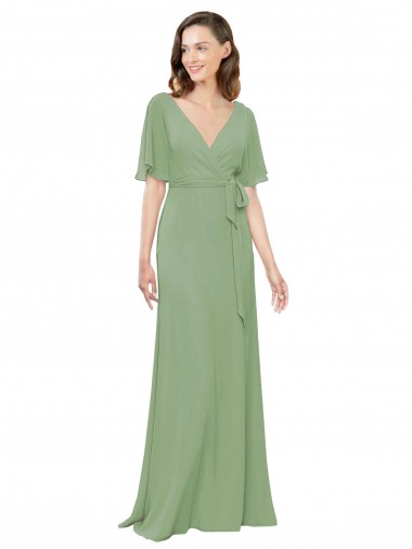 V-Neck Long Soft Chiffon Seagrass Short Flutter Sleeves Bridesmaid Dress Victoria