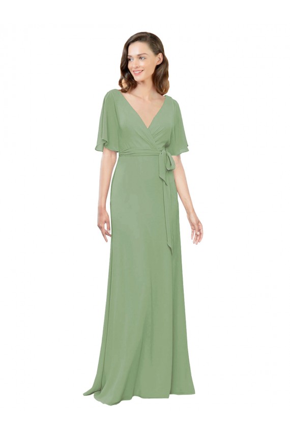 V-Neck Long Soft Chiffon Seagrass Short Flutter Sleeves Bridesmaid Dress Victoria