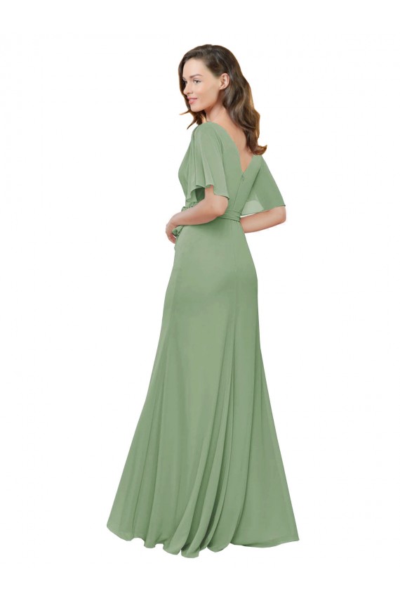 V-Neck Long Soft Chiffon Seagrass Short Flutter Sleeves Bridesmaid Dress Victoria