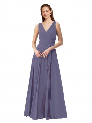 V-Neck Long Soft Chiffon Silver Stone Sleeveless Bridesmaid Dress Victoria
