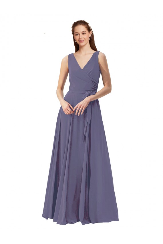 V-Neck Long Soft Chiffon Silver Stone Sleeveless Bridesmaid Dress Victoria