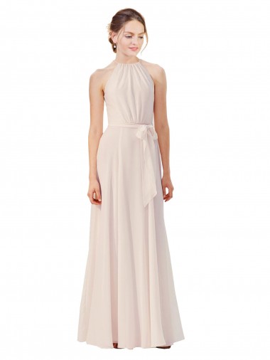 High Neck Long Soft Chiffon Cream Pink Sleeveless Bridesmaid Dress Victoria