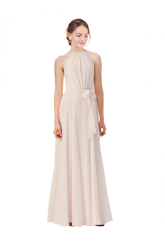 High Neck Long Soft Chiffon Cream Pink Sleeveless Bridesmaid Dress Victoria