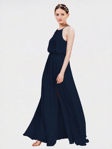 Halter Neck Long Floor Length Chiffon Dark Navy Sleeveless Formal Dress / Bridesmaid Dress Victoria