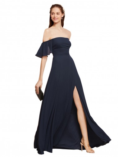 Off the Shoulder Long Soft Chiffon Dark Navy A-Line Sleeveless Prom Dress / Bridesmaid Dress Victoria
