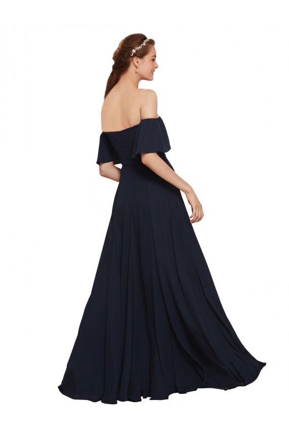 Off the Shoulder Long Soft Chiffon Dark Navy A-Line Sleeveless Prom Dress / Bridesmaid Dress Victoria