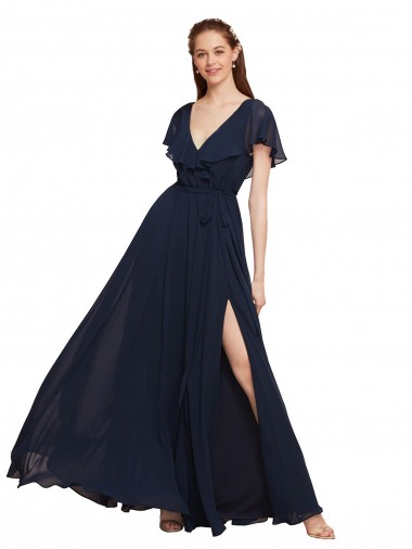 V-Neck Long Chiffon Dark Navy Cap Sleeves Evening Gowns / Bridesmaid Dresses Victoria