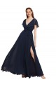 V-Neck Long Chiffon Dark Navy Cap Sleeves Evening Gowns / Bridesmaid Dresses Victoria