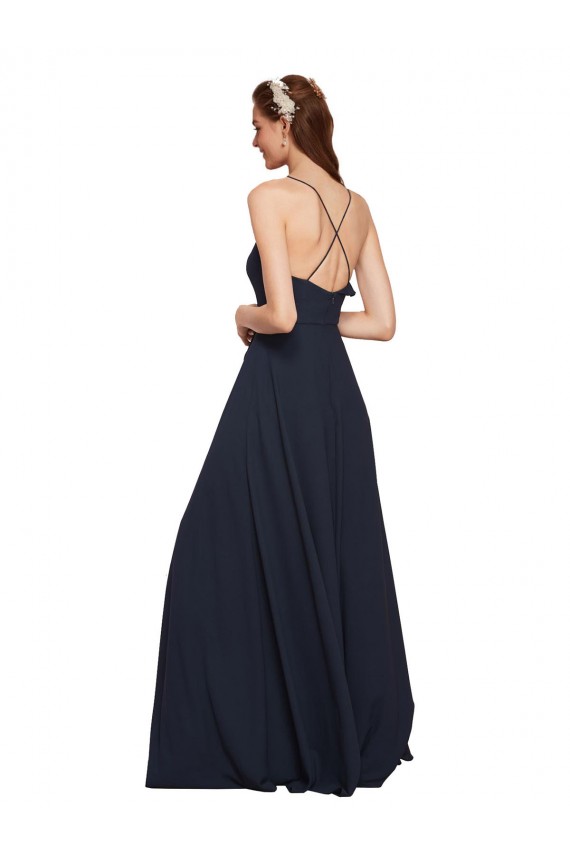 V-Neck Long Soft Chiffon Dark Navy Sleeveless Bridesmaid Dresses Victoria