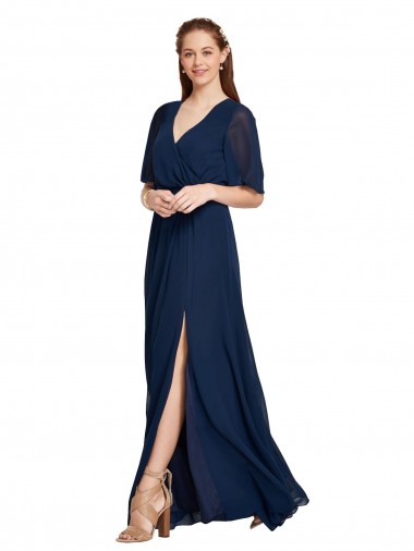 V-Neck Long Soft Chiffon Dark Navy Flutter Sleeves Bridesmaid Dress / Formal Dress Victoria