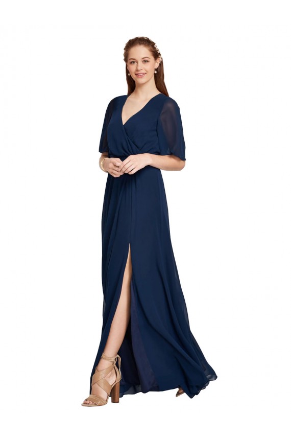 V-Neck Long Soft Chiffon Dark Navy Flutter Sleeves Bridesmaid Dress / Formal Dress Victoria