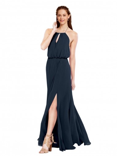 Halter Neck Long Chiffon Dark Navy Sleeveless Bridesmaid Dress / Evening Dress Victoria
