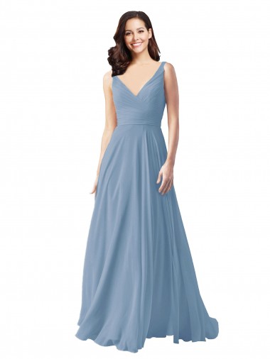 V-Neck Long Chiffon Dusty Blue Sleeveless Wedding Party Dress Victoria