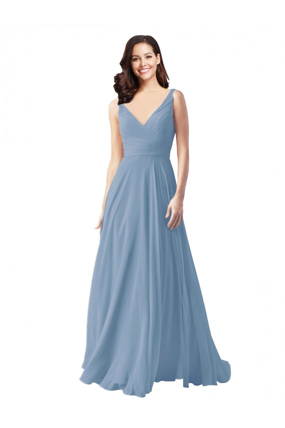 V-Neck Long Chiffon Dusty Blue Sleeveless Wedding Party Dress Victoria