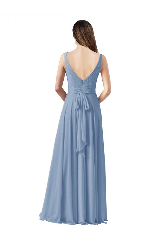 V-Neck Long Chiffon Dusty Blue Sleeveless Wedding Party Dress Victoria