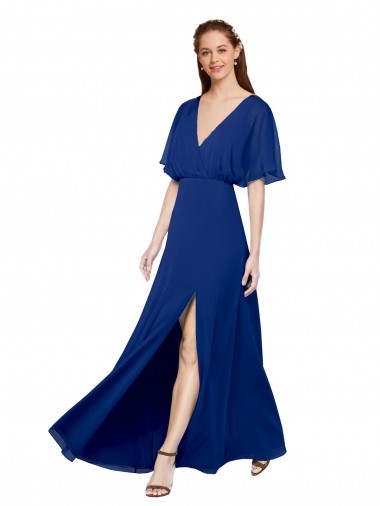 V-Neck Long Chiffon Royal Blue Flutter Sleeves Bridesmaid Dress / Evening Gowns Victoria
