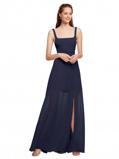 Square Neck Long Chiffon Dark Navy Sleeveless Bridesmaid Dress / Evening Dress Victoria