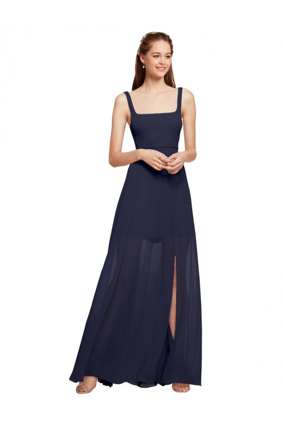 Square Neck Long Chiffon Dark Navy Sleeveless Bridesmaid Dress / Evening Dress Victoria