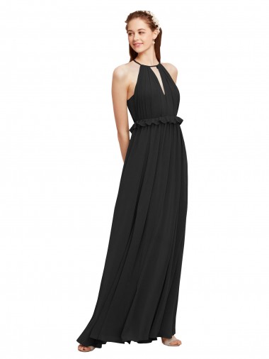 Halter Neck Long Soft Chiffon Black Sleeveless Bridesmaid Dress Victoria