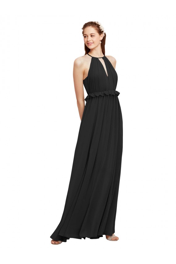Halter Neck Long Soft Chiffon Black Sleeveless Bridesmaid Dress Victoria