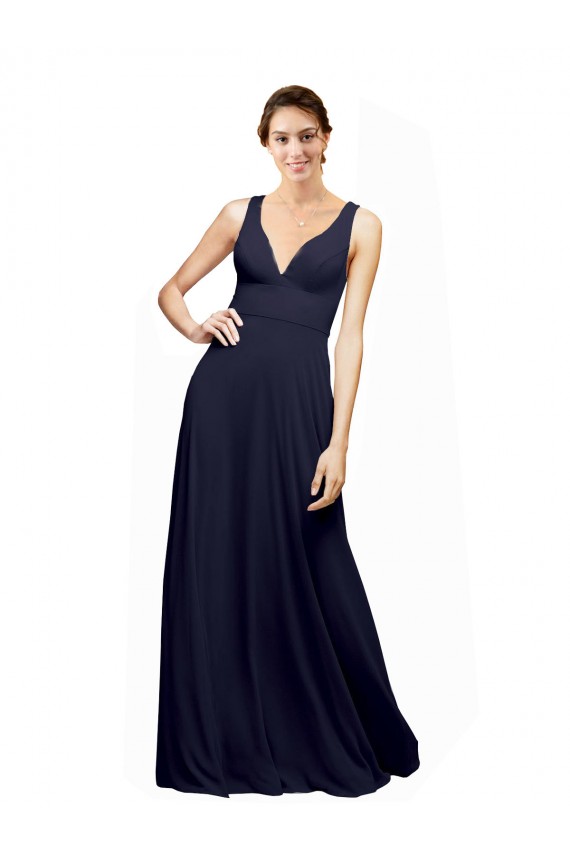 V-Neck Long Chiffon Dark Navy Sleeveless Wedding Guest Dress Victoria