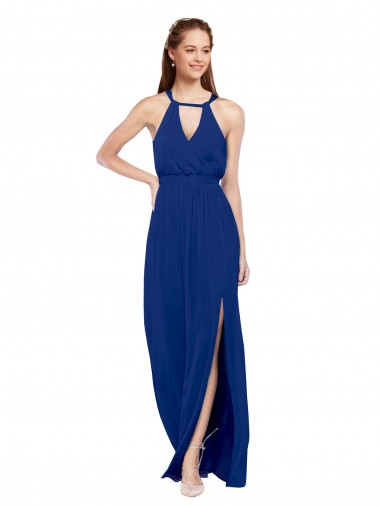 High Neck Long Soft Chiffon Royal Blue A-Line Sleeveless Bridesmaid Dress Victoria