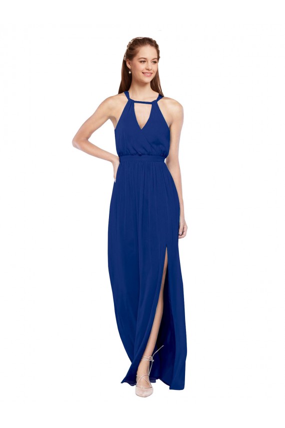 High Neck Long Soft Chiffon Royal Blue A-Line Sleeveless Bridesmaid Dress Victoria