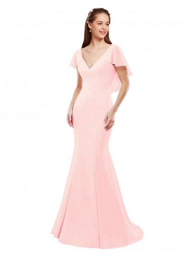 V-Neck Long Soft Chiffon Pink Flutter Sleeves Bridesmaid Dress Victoria