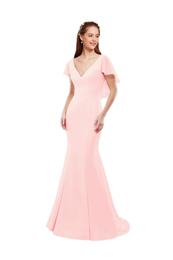 V-Neck Long Soft Chiffon Pink Flutter Sleeves Bridesmaid Dress Victoria