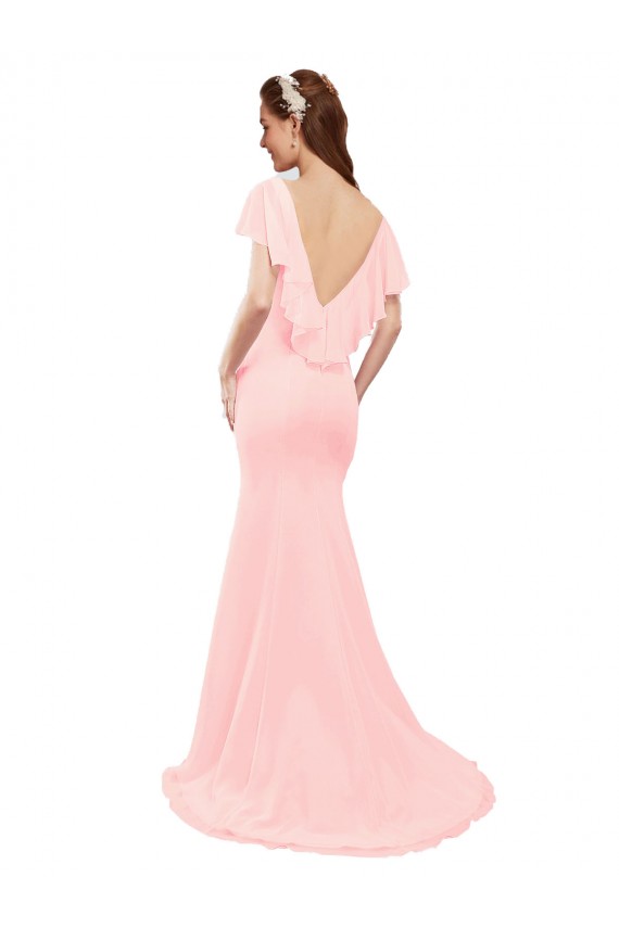 V-Neck Long Soft Chiffon Pink Flutter Sleeves Bridesmaid Dress Victoria