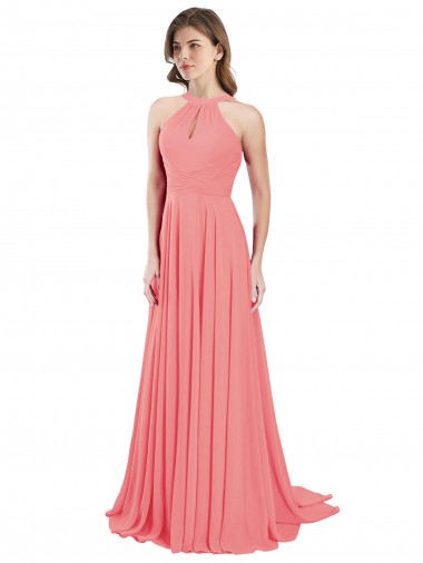 Halter Neck Long Chiffon Watermelon Sleeveless Bridesmaid Dress / Evening Dress Victoria