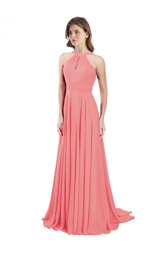 Halter Neck Long Chiffon Watermelon Sleeveless Bridesmaid Dress / Evening Dress Victoria
