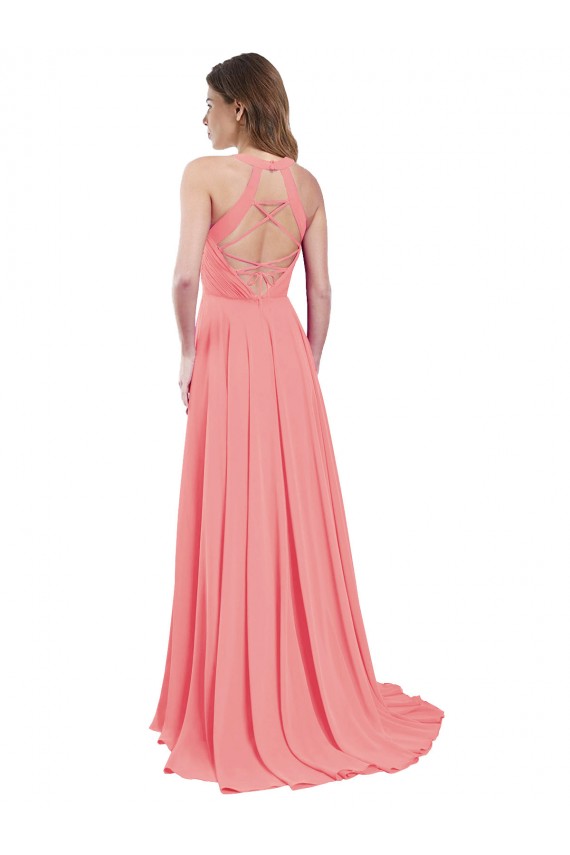 Halter Neck Long Chiffon Watermelon Sleeveless Bridesmaid Dress / Evening Dress Victoria