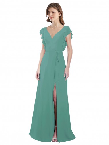 V-Neck Long Soft Chiffon Icelandic Silver Cap Sleeves Formal Dress / Bridesmaid Dress Victoria