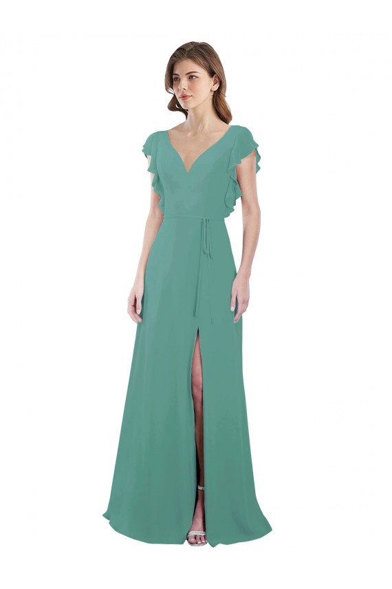 V-Neck Long Soft Chiffon Icelandic Silver Cap Sleeves Formal Dress / Bridesmaid Dress Victoria