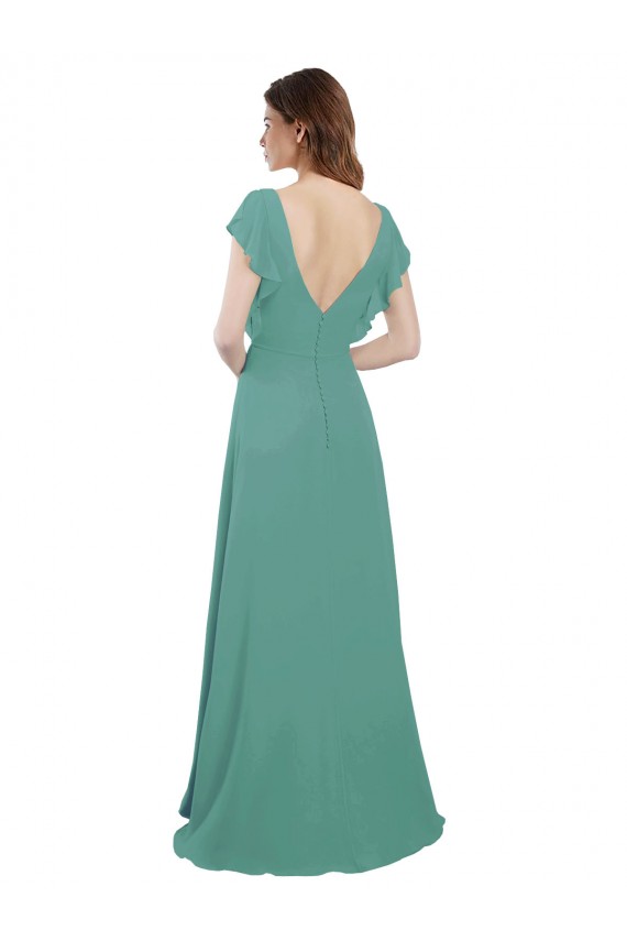 V-Neck Long Soft Chiffon Icelandic Silver Cap Sleeves Formal Dress / Bridesmaid Dress Victoria